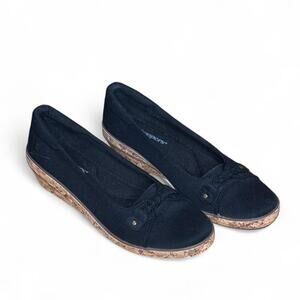 Grasshoppers Ortholite Black Canvas Cork Wedge Shoes Braided Detail Sz 7.5